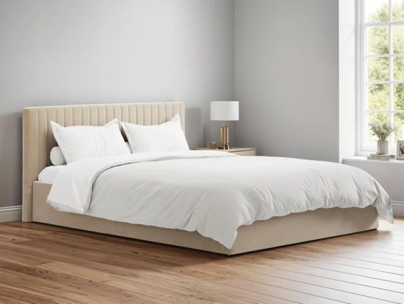 Image of LPD Berlin Beige Velvet Fabric Ottoman Bed Frame - 6ft Super King Size