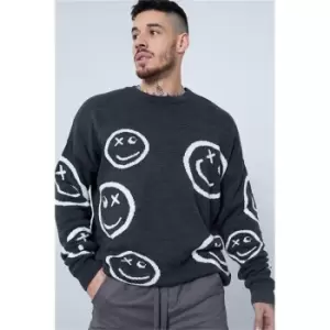Image of I Saw It First Charcoal Cross Eye Smiley Face Jumper - Grey