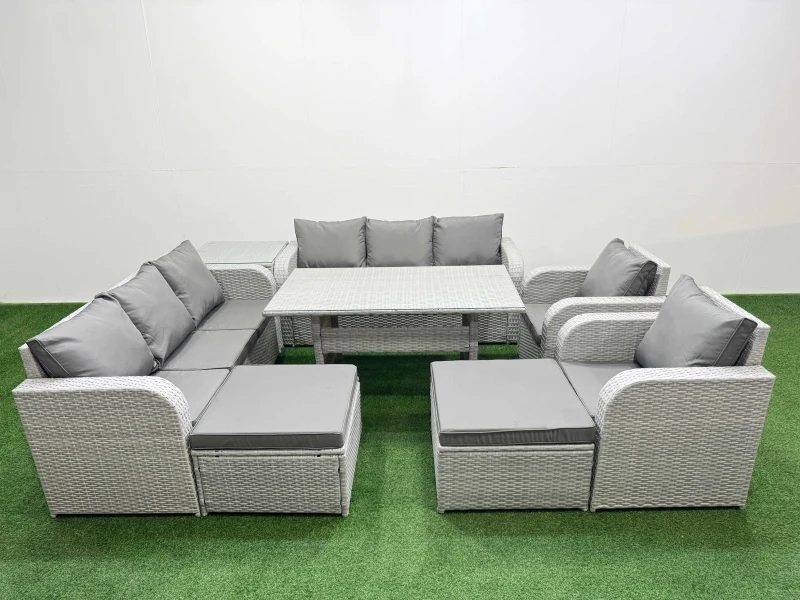 Image of Fimous PE Rattan High Back Lounge Sofa Set Patio Rectangular Dining Table & Chairs Set with 3 Seater Sofa Reclining Chair 2 Big Footstool Side Table L