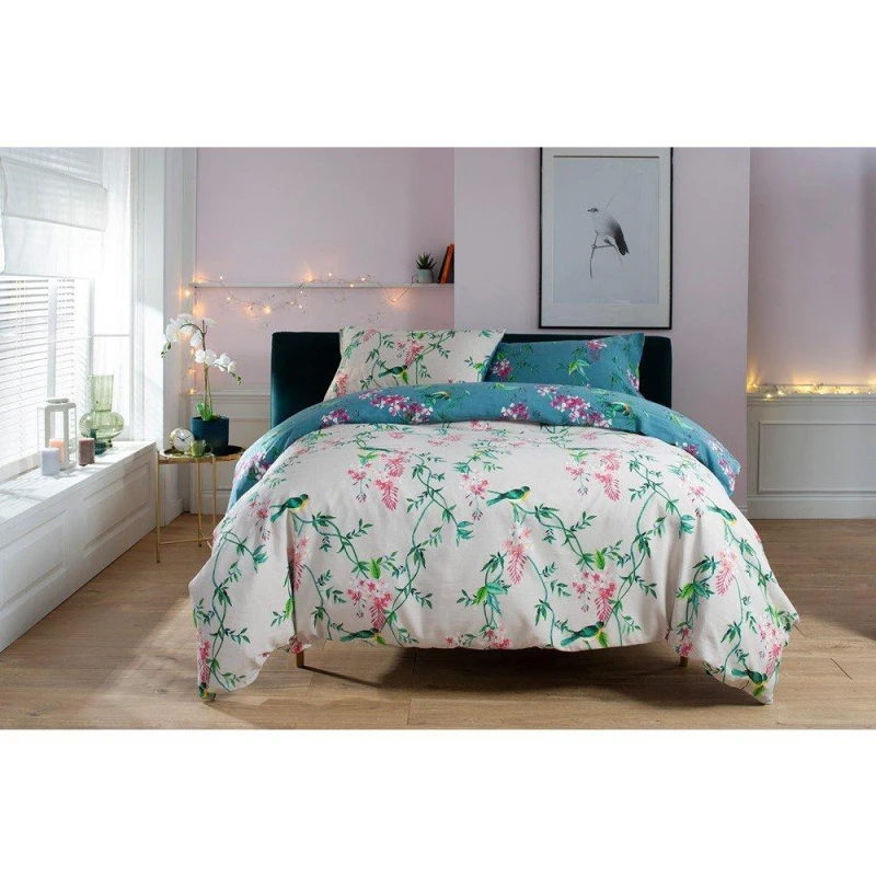 Image of Deyongs Bird Garden Teal 200 Thread Count Cotton Rich Reversible Duvet Cover Set Teal