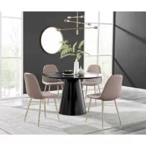 Image of Furniture Box Palma Black Semi Gloss Round Dining Table and 4 Cappuccino Corona Gold Leg Chairs