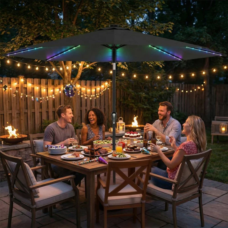 Image of OUTSUNNY 3m Garden Parasol Umbrella with LED Lights, Patio Umbrella in Grey Size: 3m x 3m Grey Unisex 3m x 3m