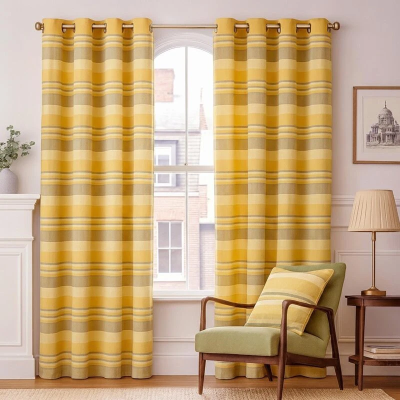 Image of Homescapes Cotton Morocco Striped Curtain Pair Yellow