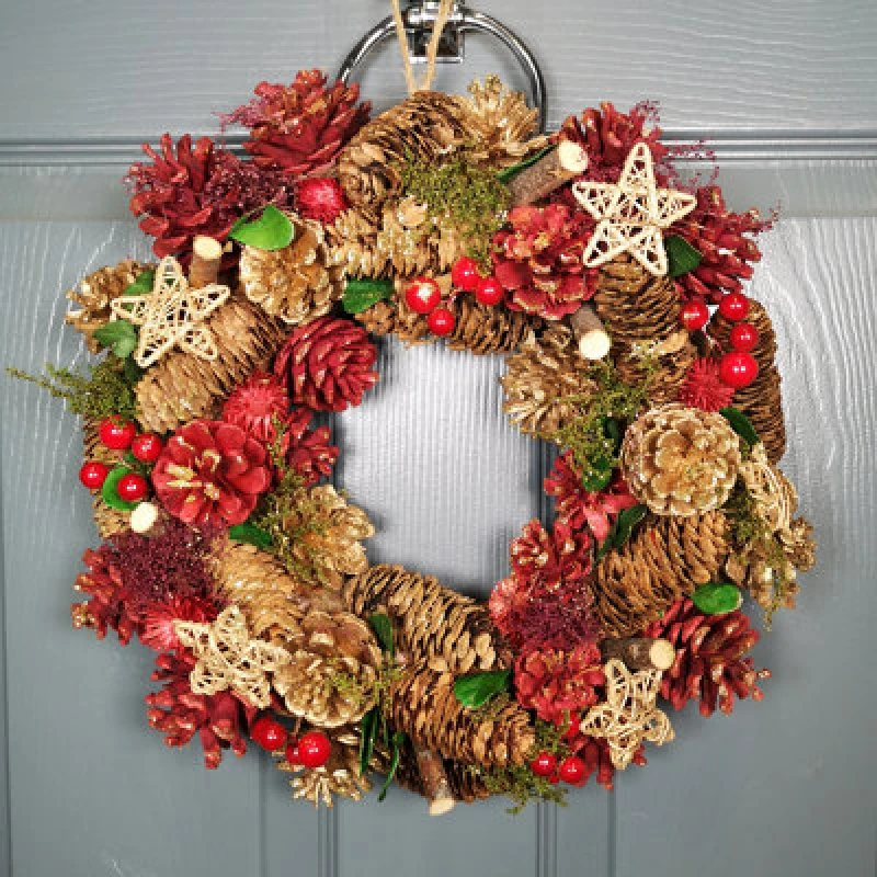 Image of Samuel Alexander 36Cm Christmas Wreath In Gold & Red With Pine Cones And Berries