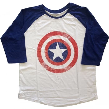 Image of Marvel Comics - Captain America Distress Shields Unisex Medium Raglan T-Shirt - Blue, White
