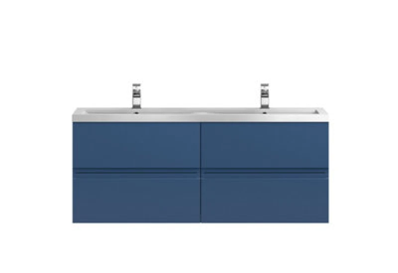 Image of Nuie Hudson Reed Urban Wall Hung 4 Drawer Vanity Unit With Double Ceramic Basin, Modern Bathroom Furniture In Satin Blue, 1200mm
