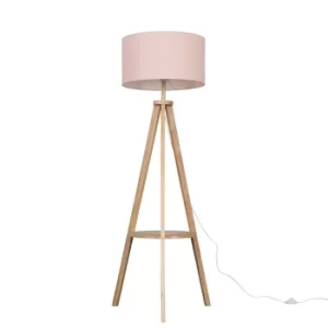 Image of Morrigan Light Wood Tripod Floor Lamp with XL Pink Reni Shade