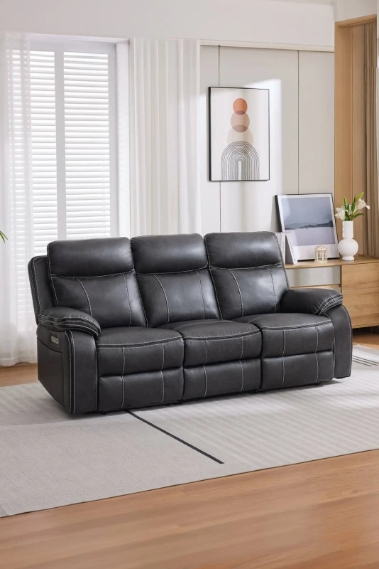 Image of More4Homes Vinson Electric Recliner 3 Seater Sofa Air Leather With Built-In Plugs & Usb-C Charging (Charcoal)