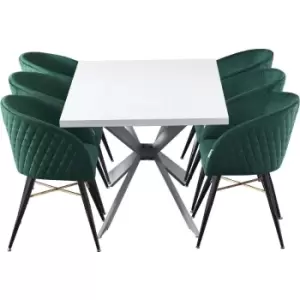 Image of Life Interiors - 7 Pieces Vittorio Duke Dining Set - a White Rectangular Dining Table and Set of 6 Green Dining Chairs - Green