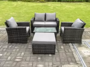 Image of Fimous 4 Seater Outdoor Dark Grey Rattan Lounge Complete Sofa Set with Rectangular Coffee Table and Big Footstool