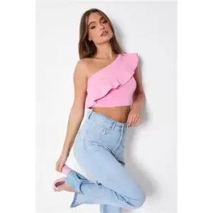 Image of I Saw It First Pink Frill Edge One Shoulder Knitted Crop Top - Pink