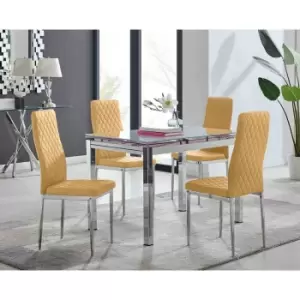 Image of Furniture Box Enna White Glass Extending Dining Table and 4 Mustard Velvet Milan Chairs