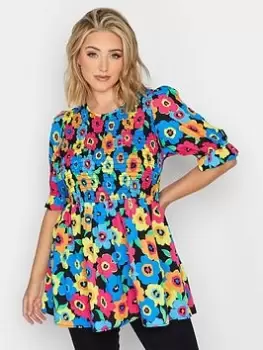 Image of Yours Shirred Puff Sleeve Top Bright Floral, Black, Size 26-28, Women