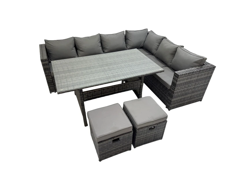 Image of Fimous 8 Seater Patio Dining Corner Sofa Sets with 2 Small Footstools in Dark Grey Dark Grey Unisex