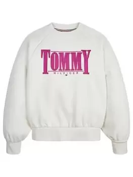 Image of Tommy Hilfiger Girls Tommy Sateen Logo Sweat Top - Ivory, Ivory, Size Age: 14 Years, Women