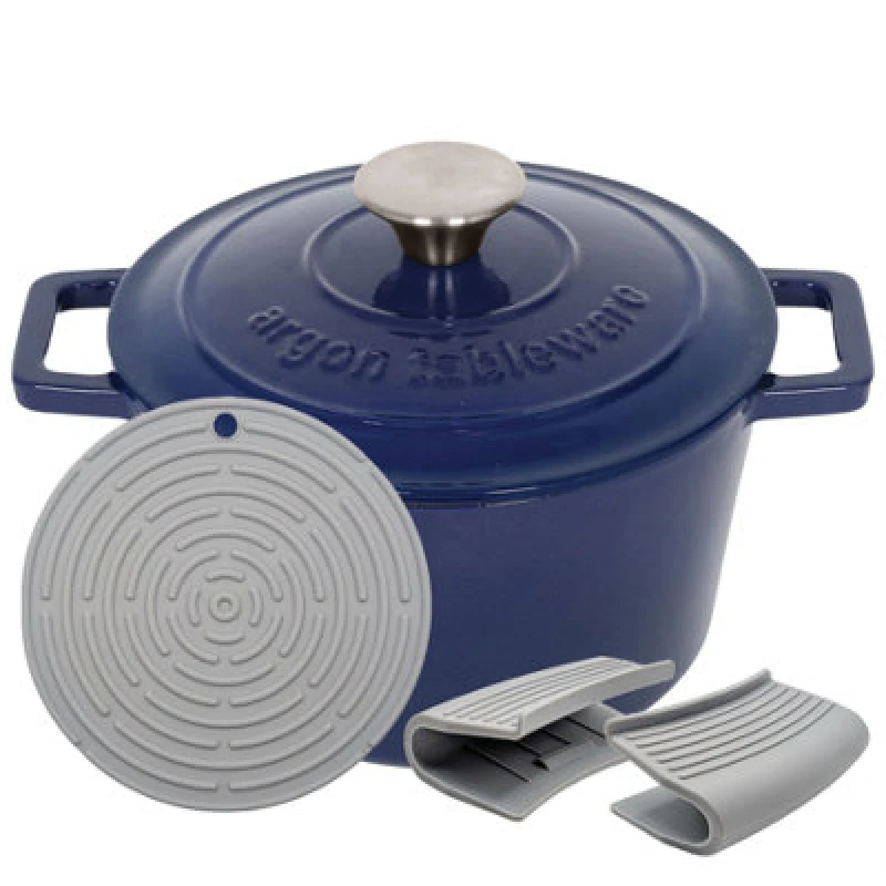Image of Argon Tableware Round Cast Iron Casserole Dish - 2.8L Blue Enamel Finish, Oven Safe Dutch Oven Cookware With Lid
