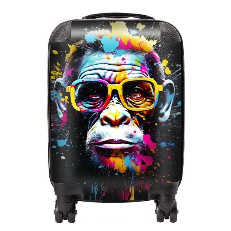 Image of Warren Reed - Designer Coloured Splashart Monkey Face with Glasses Suitcase in Blue Size: Medium Blue Unisex Medium