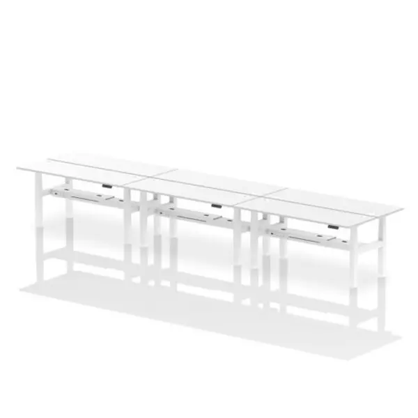 Image of Air Air Back-to-Back 1800 x 600mm Height Adjustable 6 Person Bench Desk White Top with Cable Ports White Frame HASCP6P18600WHTW