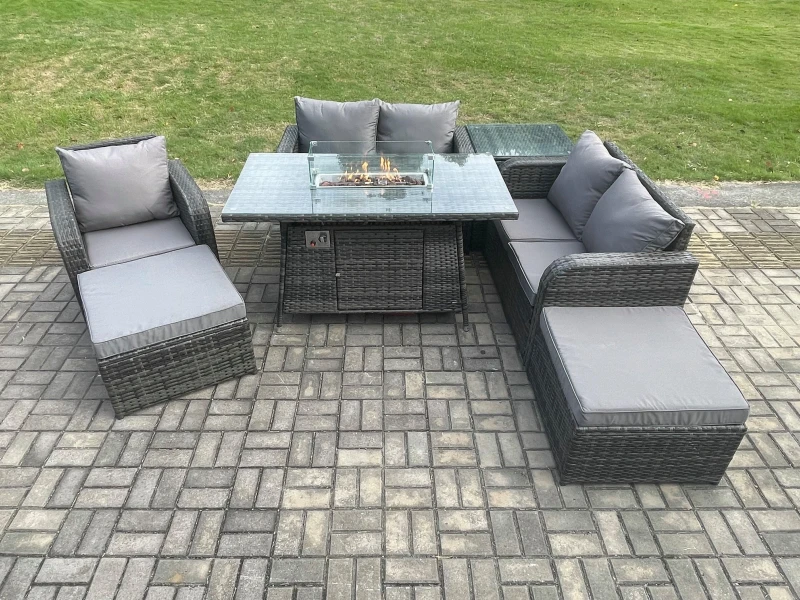 Image of Fimous Outdoor Sofa Rattan Garden Furniture Set Patio Gas Fire Pit Dining Table and Reclining Chair set with Side Tables 2 Big Footstool Dark Grey