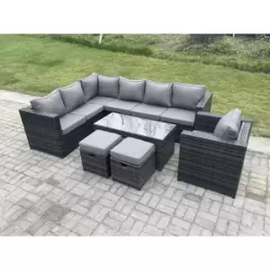Image of Fimous 7 Seater Outdoor Dark Grey Rattan Lounge Complete Sofa Set with Rectangular Coffee Table and 2 Stools