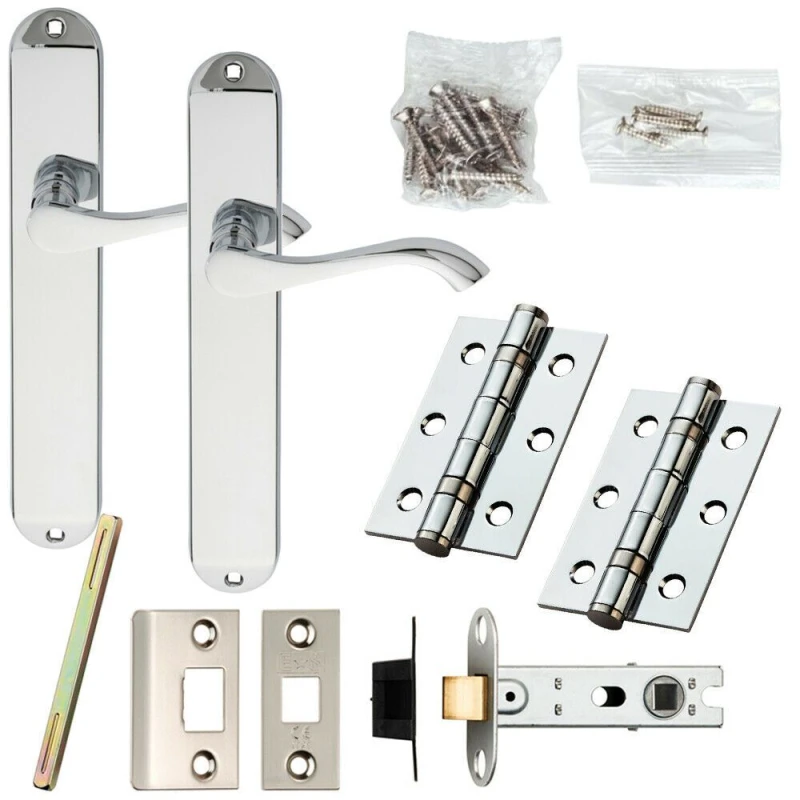 Image of Loops Door Handle & Latch Pack Chrome Victorian Scroll on Tall Backplate 241 x 40mm Multi