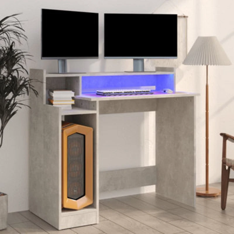 Image of VidaXL (Concrete grey) vidaXL Desk with LED Lights Computer Table Study Writing Desk Engineered Wood 805556