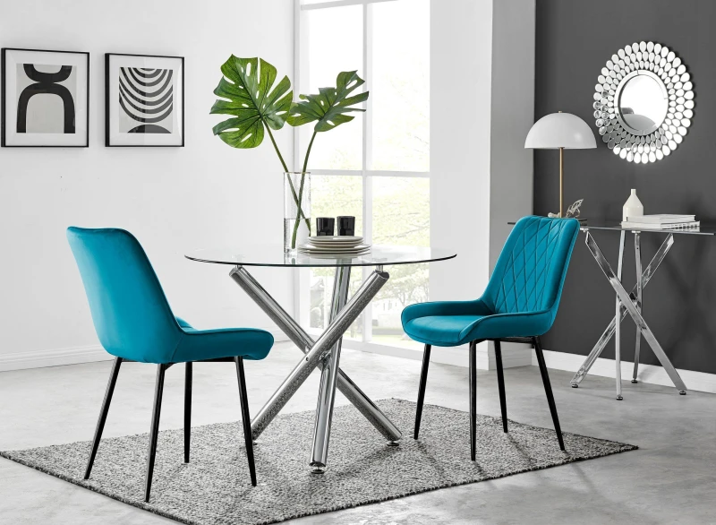 Image of FurnitureboxUK FurnitureboxUK Selina Round Glass Chrome Leg Dining Table and Pesaro Black Leg Chairs in Blue Size: 4 Person Blue 4 Person Unisex 505