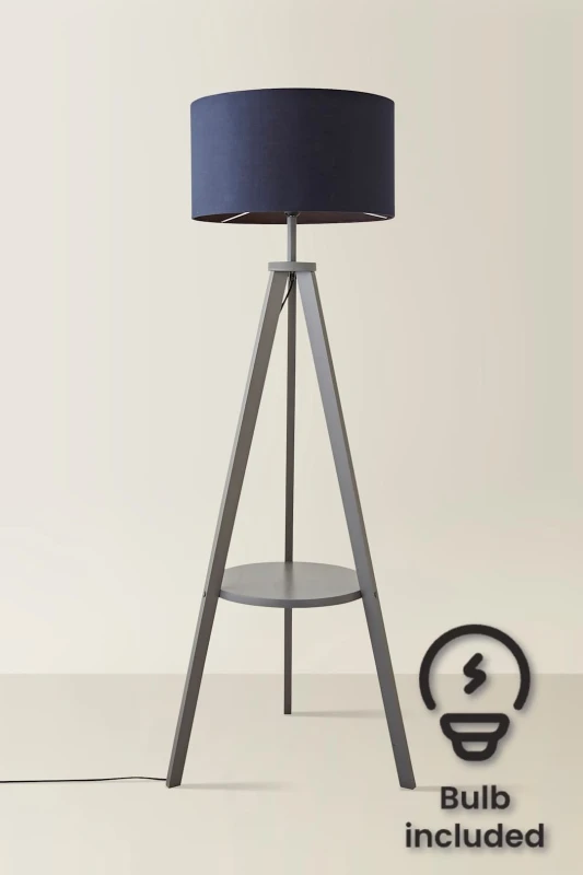 Image of ValueLights Morrigan Grey Wood Tripod Floor Lamp With Fabric Drum Lamp Shade and LED Bulb Dark Navy