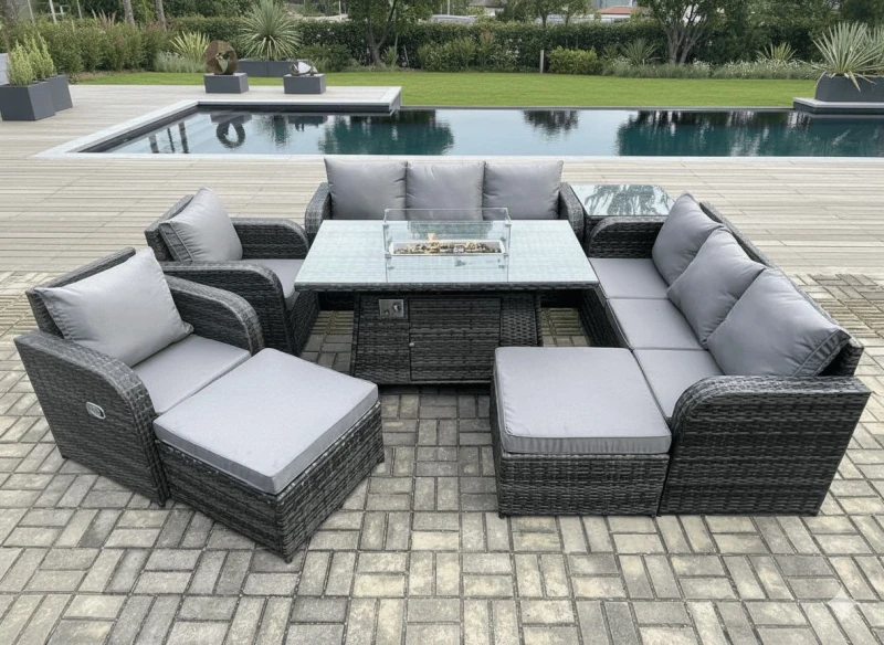 Image of Fimous Rattan Outdoor Furniture Gas Fire Pit Rectangle Dining Table Gas Heater Adjustable Reclining Chair 3 Seater Sofa Sets Dark Grey