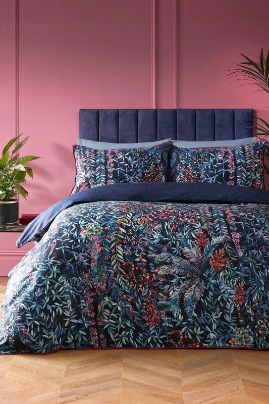 Image of Soiree Tessa Floral Cotton Sateen Duvet Cover Set in Navy Duvet Cover Sets Double Blue 39017818030