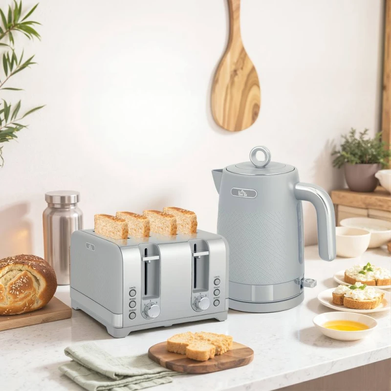 Image of HOMCOM HOMCOM Kettle and Toaster Set with 3000W Rapid Boil, 4 Slice Toaster, Grey 5063603132061