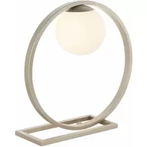 Image of Brushed Silver Table Lamp Light - Gloss Opal Glass Shade - Circular Hoop Design