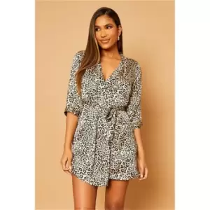 Image of I Saw It First Animal Satin Frill Hem Belted Dressing Gown - Brown