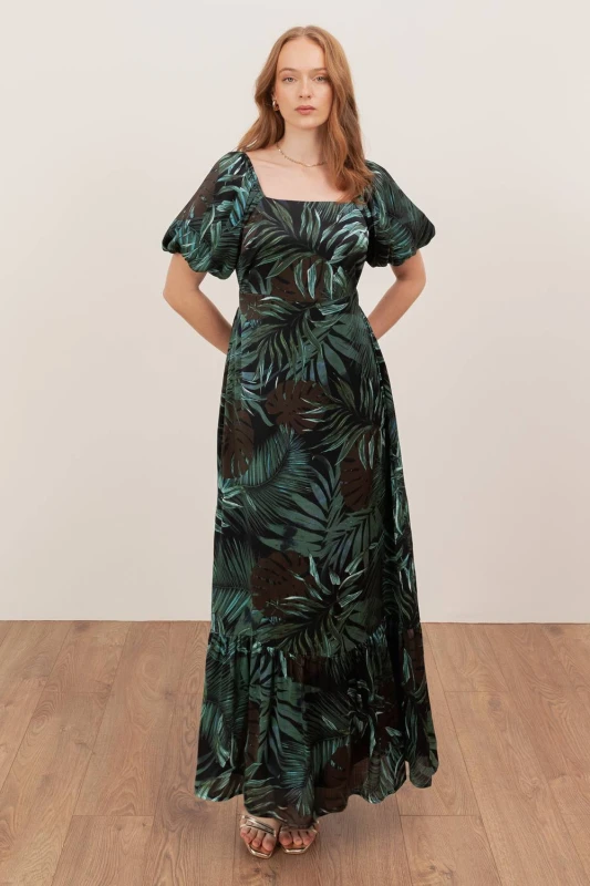 Image of Lovedrobe Womens Square Neck Short Sleeve Maxi Dress in Dark Green Size: 16 Dark Green Female 16