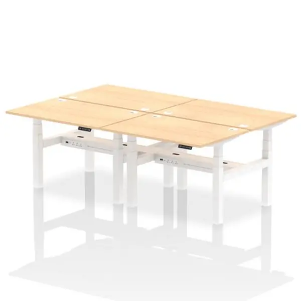 Image of Air Air Back-to-Back 1200 x 800mm Height Adjustable 4 Person Bench Desk Maple Top with Cable Ports White Frame HASCP4P12800MPEW