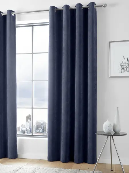 Image of Appletree Kilbride Cord' Pair Of Chenille Eyelet Curtains Navy