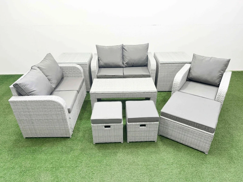 Image of Fimous High Back Poly Rattan Garden Furniture Set with Reclining Chair Loveseat Sofa Oblong Coffee Table Indoor Outdoor Patio Set 3 Stools 2 Side Tab