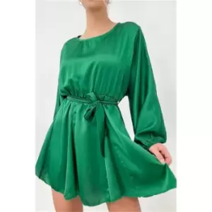 Image of I Saw It First Green Petite Satin Belted Blouson Sleeve Skater Dress - Green