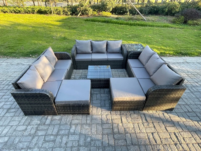 Image of Fimous 11 Seater Rattan Outdoor Furniture Set Patio Garden Sofa Set with Square Coffee Table 3 Seater Sofa 2 Big Footstool Side Table Dark Grey