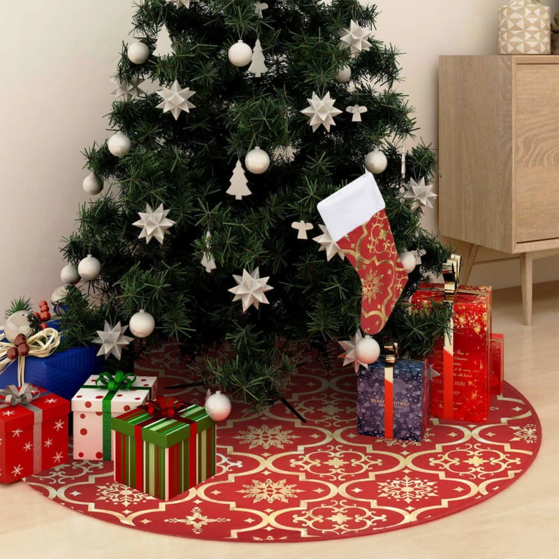 Image of VIDAXL Luxury Christmas Tree Skirt with Sock Red 90cm Fabric Vidaxl 8720286445846