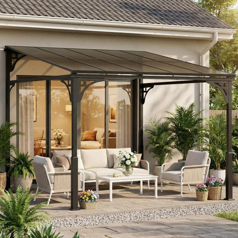 Image of OUTSUNNY 3 x 2.87 m Metal Lean-to Hardtop Gazebo, Wall-Mounted Pergola in Brown Size: 3m x 2m Brown Unisex 3m x 2m