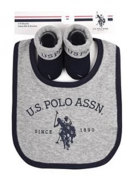 Image of U.S. Polo Assn. Baby Boy Bib And Booties Set - Grey Marl/Navy