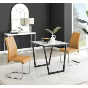 Image of Furniturebox Carson White Marble Effect Square Dining Table & 2 Mustard Lorenzo Faux Leather Chairs