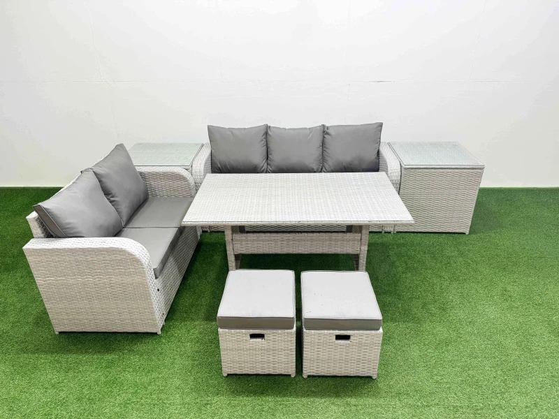 Image of Fimous 7 Seater PE Rattan Wicker Garden Furniture Patio Conservatory Sofa Set with Rectangular Dining Table 3 Seater Sofa Love Sofa 2 Stools 2 Side Ta