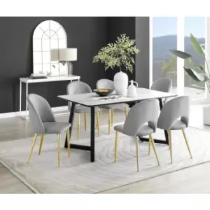Image of Furniturebox Carson White Marble Effect Rectangular 160cm Dining Table& 6 Grey Arlon Gold Leg Velvet Chairs