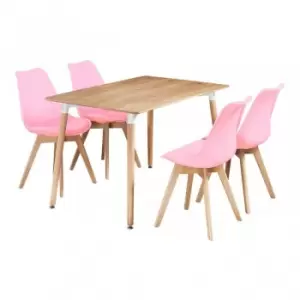 Image of 5 Pieces Retro and Modern Scandinavian Dining Set - a Halo Oak Dining Table & Pink Dining Chairs Set of 4 - Pink