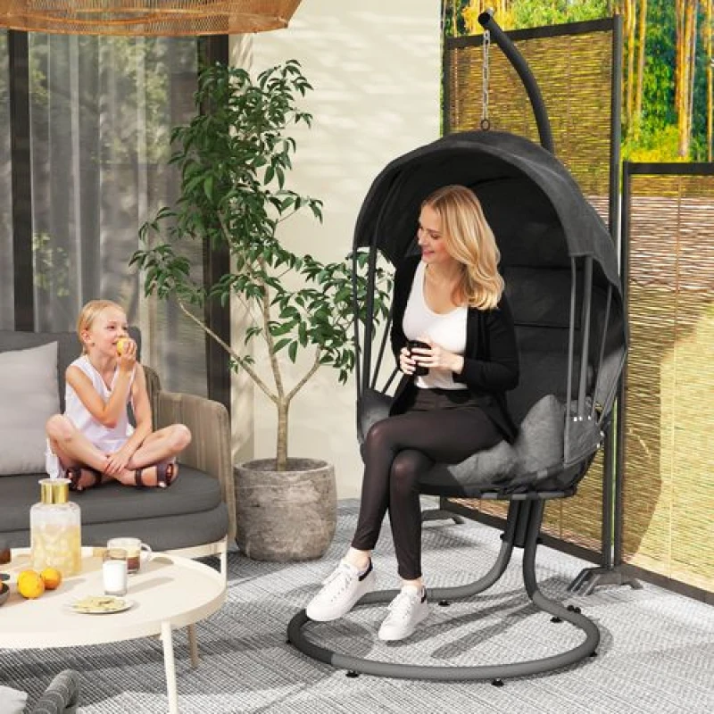 Image of Outsunny Hanging Egg Chair w/ Stand Retractable Canopy - Grey TJ Hughes 5063603023420