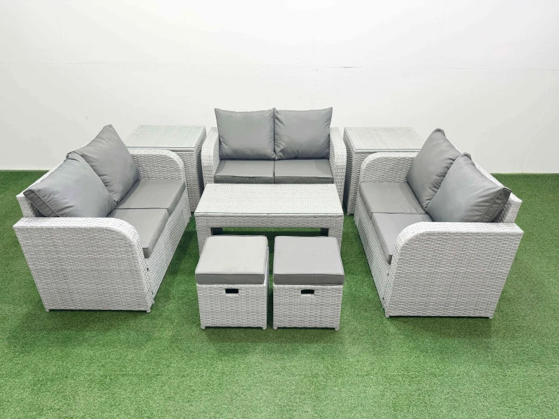 Image of Fimous 8 Seater PE Wicker Rattan Furniture Sofa Sets with Oblong Coffee Table 2 Seater Love Sofa 2 Stool 2 Side Table Light Grey Light Grey