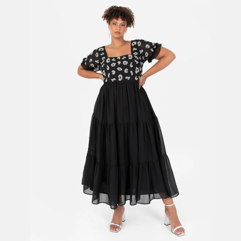 Image of Lovedrobe Lovedrobe Luxe Black Square Neck Embellished Midi Dress Black female 10 (S)