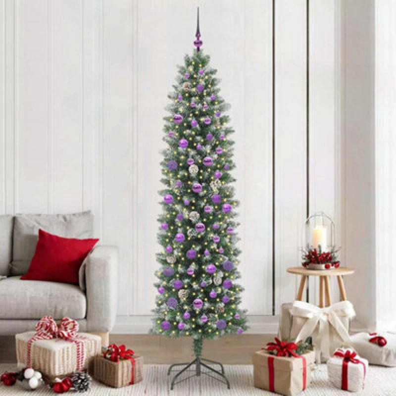 Image of vidaXL Artificial Slim Christmas Tree with Lilac Balls Green and white 210 cm, Green 3395311